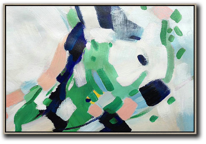 Oversized Horizontal Contemporary Art,Modern Art,White,Pink,Dark Blue,Green